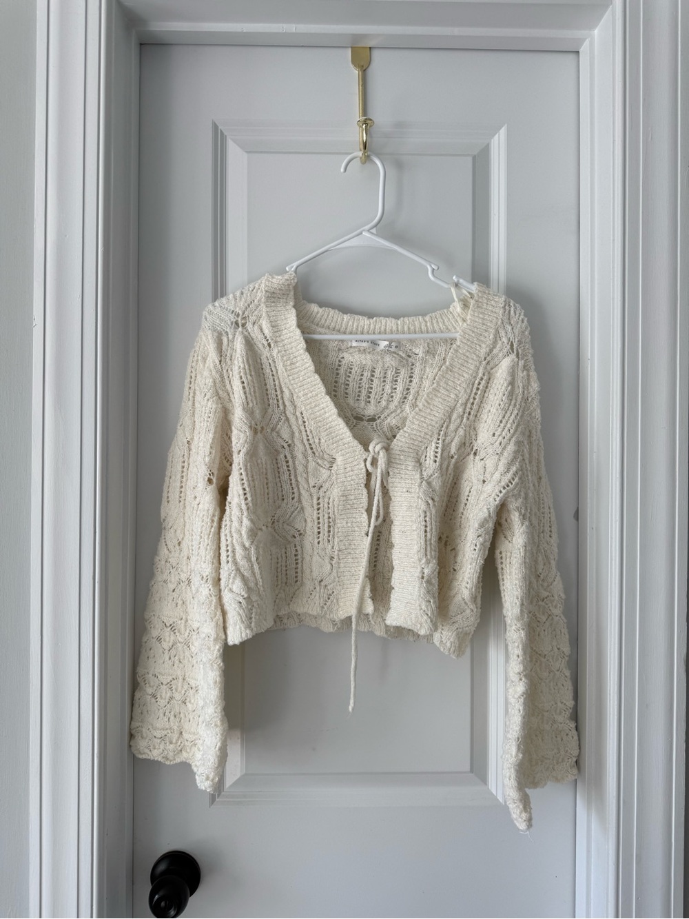 Altar'd State Cream Pointelle Open-Knit Tie-Front Cropped Cardigan Sweater
